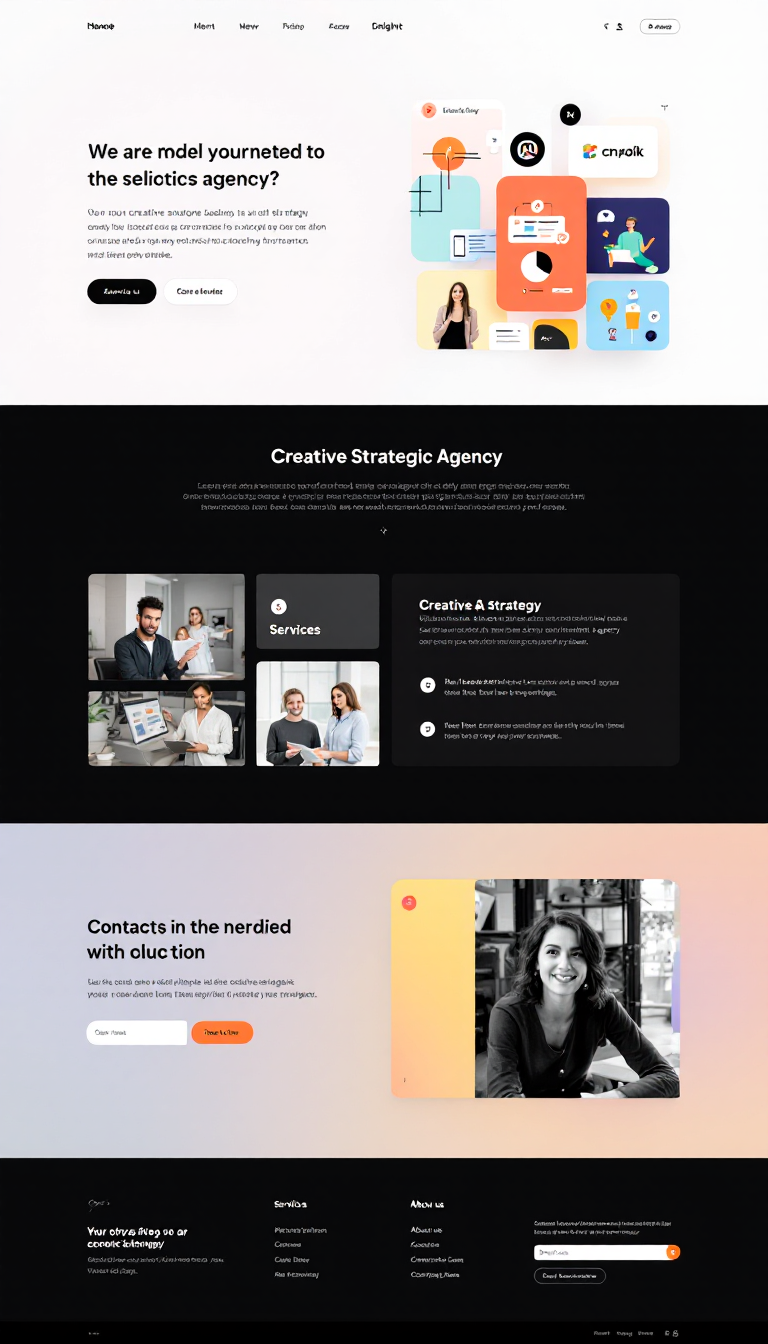 Design a simple and clean one-page website for a creative strategic agency, featuring a modern layout with sections for services, portfolio, about us, and contact information. Use a professional color scheme and engaging visuals to highlight creativity and strategy.