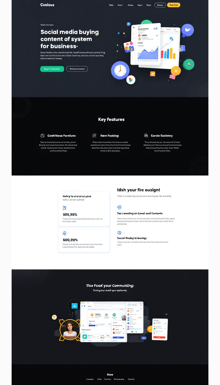 Create a simple one-page website showcasing a social media buying and content management system designed for businesses. Highlight key features, benefits, and a user-friendly interface.