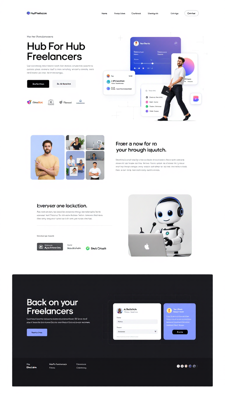 Design a minimalistic one-page website for "HubForFreelancers" with a clean, professional layout inspired by Dribbble. The site should feature user authentication, project showcases, AI chatbot integration, and a project search option, while highlighting backend components like blockchain and cloud storage.