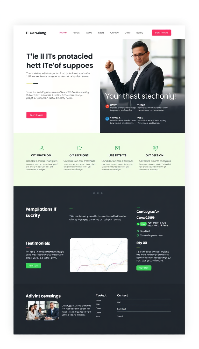 Design a simple one-page website for an IT consulting business, featuring a modern layout, clear navigation, and sections highlighting services, testimonials, and contact information. Use a professional color scheme and clean typography for an appealing look.
