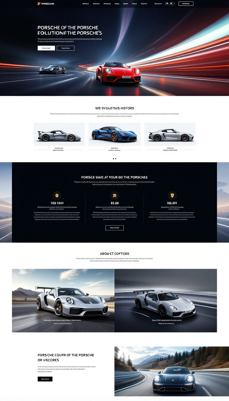 Create a stunning one-page 3D animated website focused on the evolution of the Porsche car, featuring captivating animations and 3D car models. The design should be clean and visually engaging, highlighting key milestones in Porsche's history.