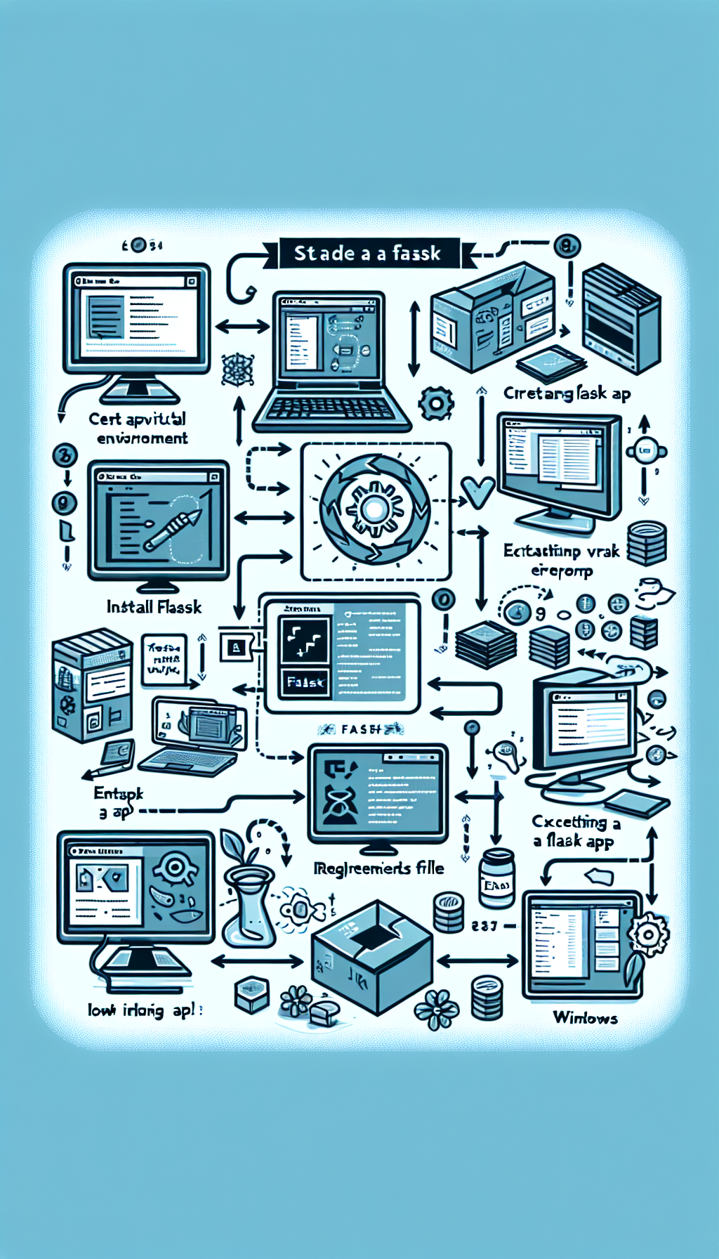 Create a clean and organized guide for setting up a Flask environment on Windows, including steps for creating a virtual environment, installing Flask, creating a requirements file, running a Flask app, and accessing it in a browser.