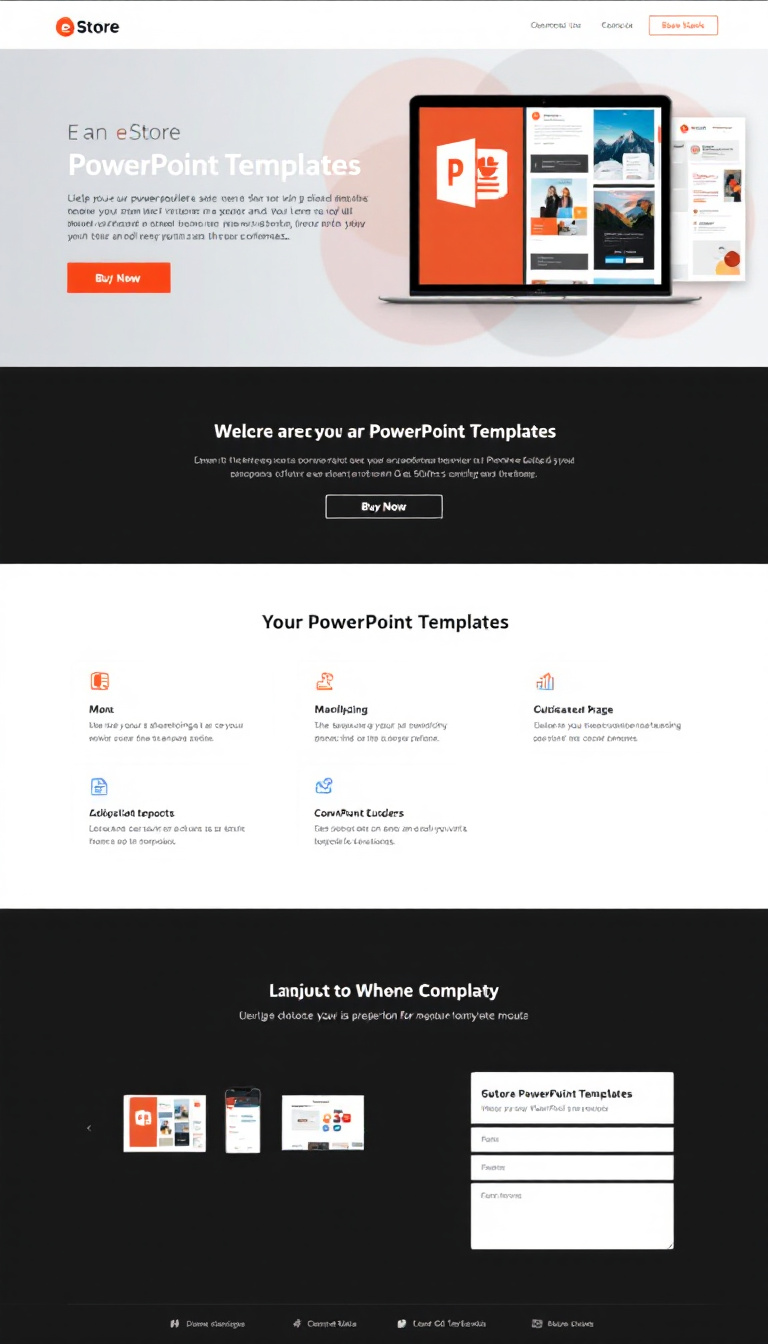 Design a one-page website for an eStore that sells PowerPoint templates. The layout should be simple and clean, featuring product images, descriptions, and a prominent "Buy Now" button.