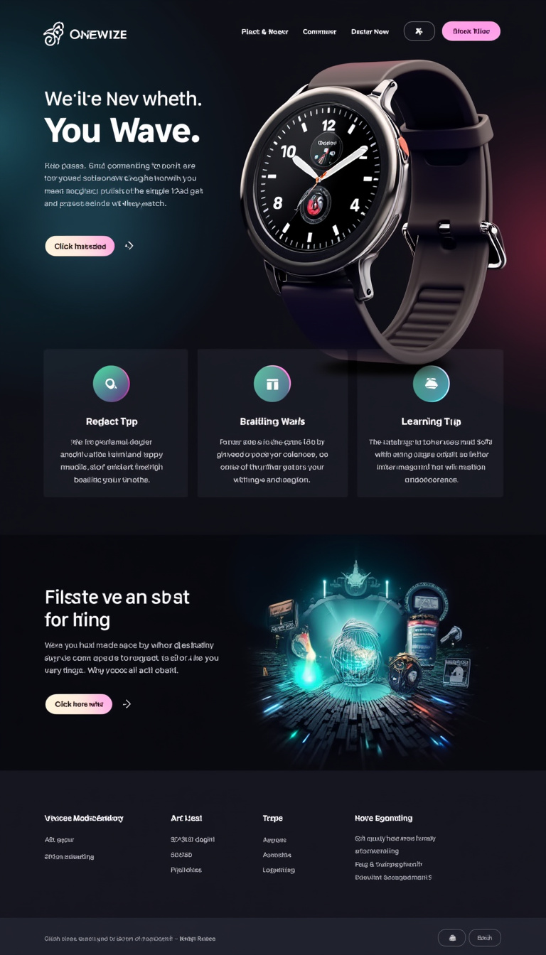 Create a dark mode landing page for a smart watch, featuring modern colors and subtle image animation. Include a centrally positioned "Click here to order" button.