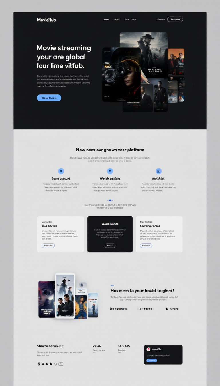Design a sleek, modern one-page website for 'MovieHub', a global streaming platform for movie and series enthusiasts. Use dark colors and include features like user account creation, search options, watchlists, ratings, and reviews, ensuring a highly interactive and user-friendly experience.