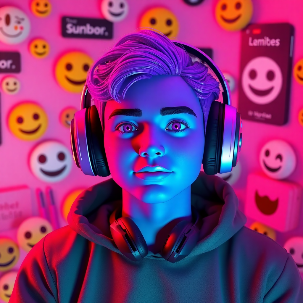 retro-futuristic 3d render of a person with purple skin wearing headphones and surrounded by emoji and meme-related objects, representing the nostalgic yet modern vibe of palle