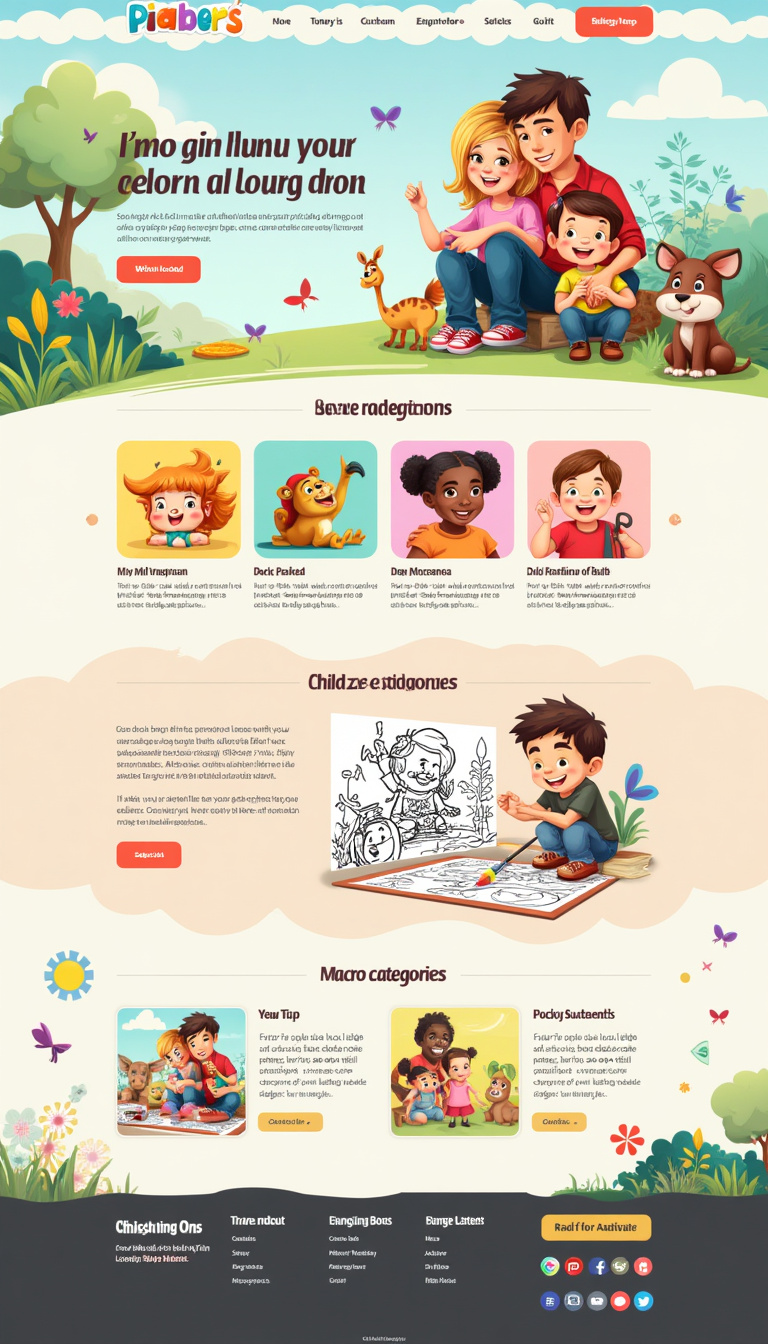 Design a one-page website targeting young parents, featuring a prominent search bar at the top and colorful macro categories below for easy navigation. The site should be visually appealing and optimized for downloading children's coloring pages.