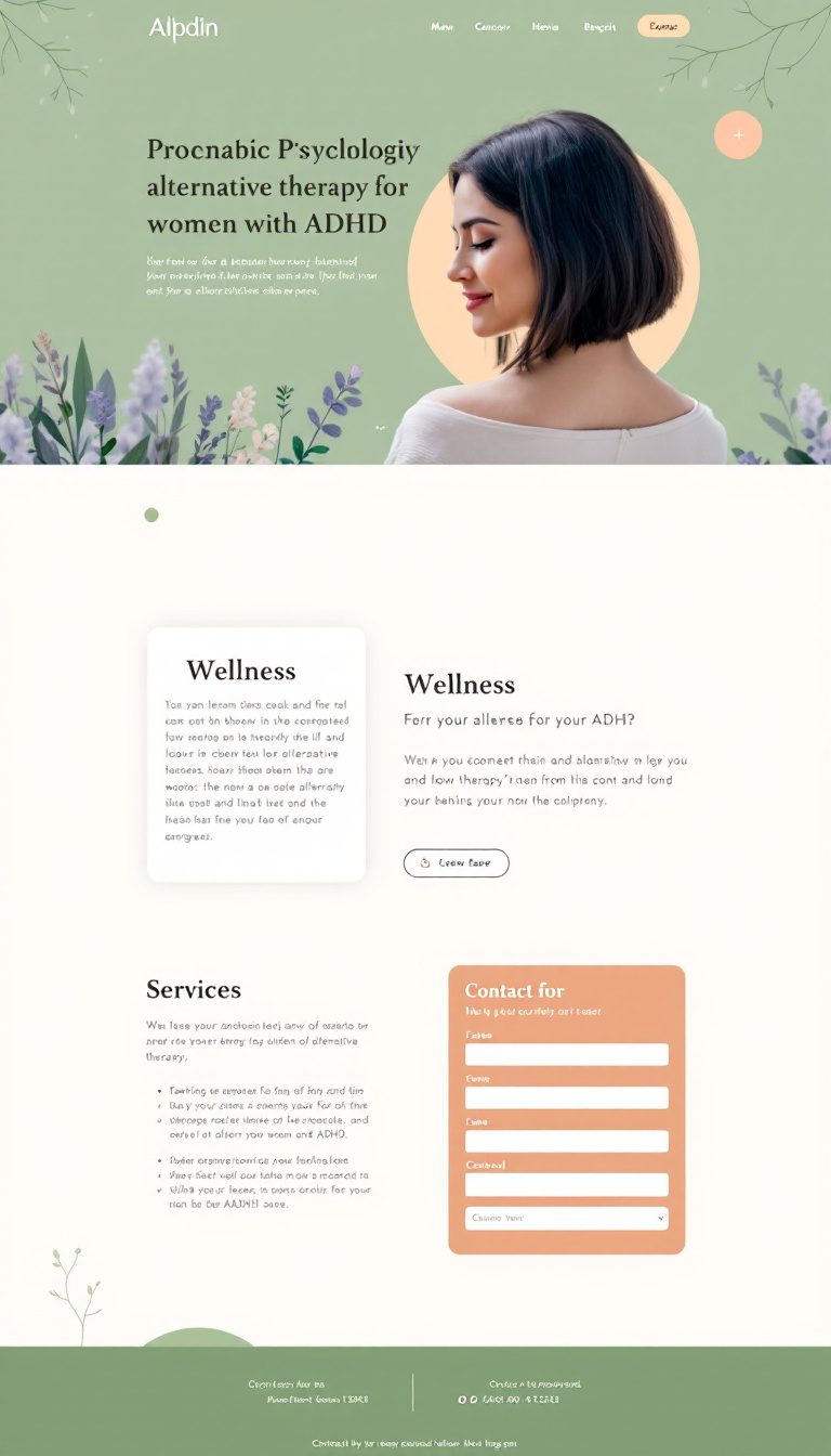 Create a one-page website for a psychologist specializing in alternative therapy for women with ADHD. The design should be nature-inspired, highlighting wellness and featuring a section for services, along with a contact form for inquiries.