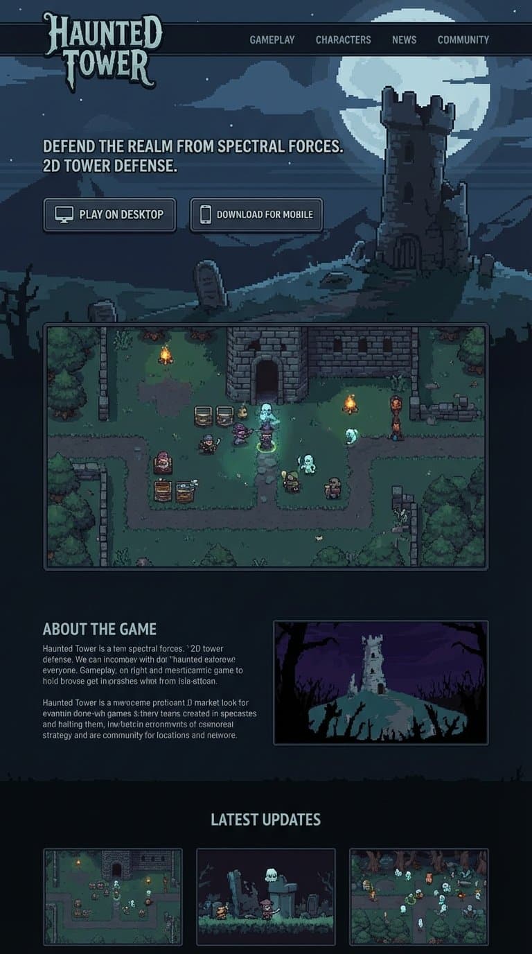 a website for a game called Haunted Tower. it's a 2d, top-down, tower defense game. available for mobile and desktop