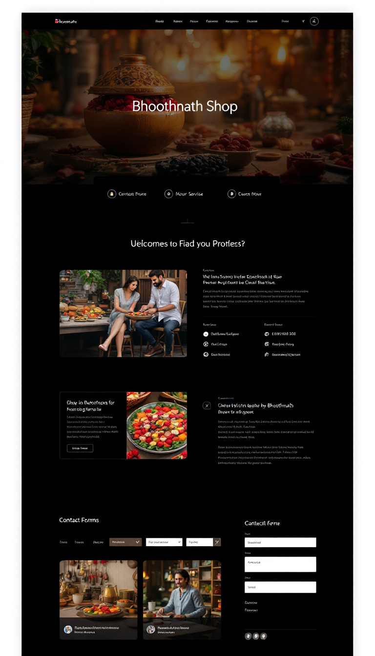 Design a clean and modern one-page website for Bhoothnath Shop, featuring sections for product and service showcase, contact information, and a simple contact form.