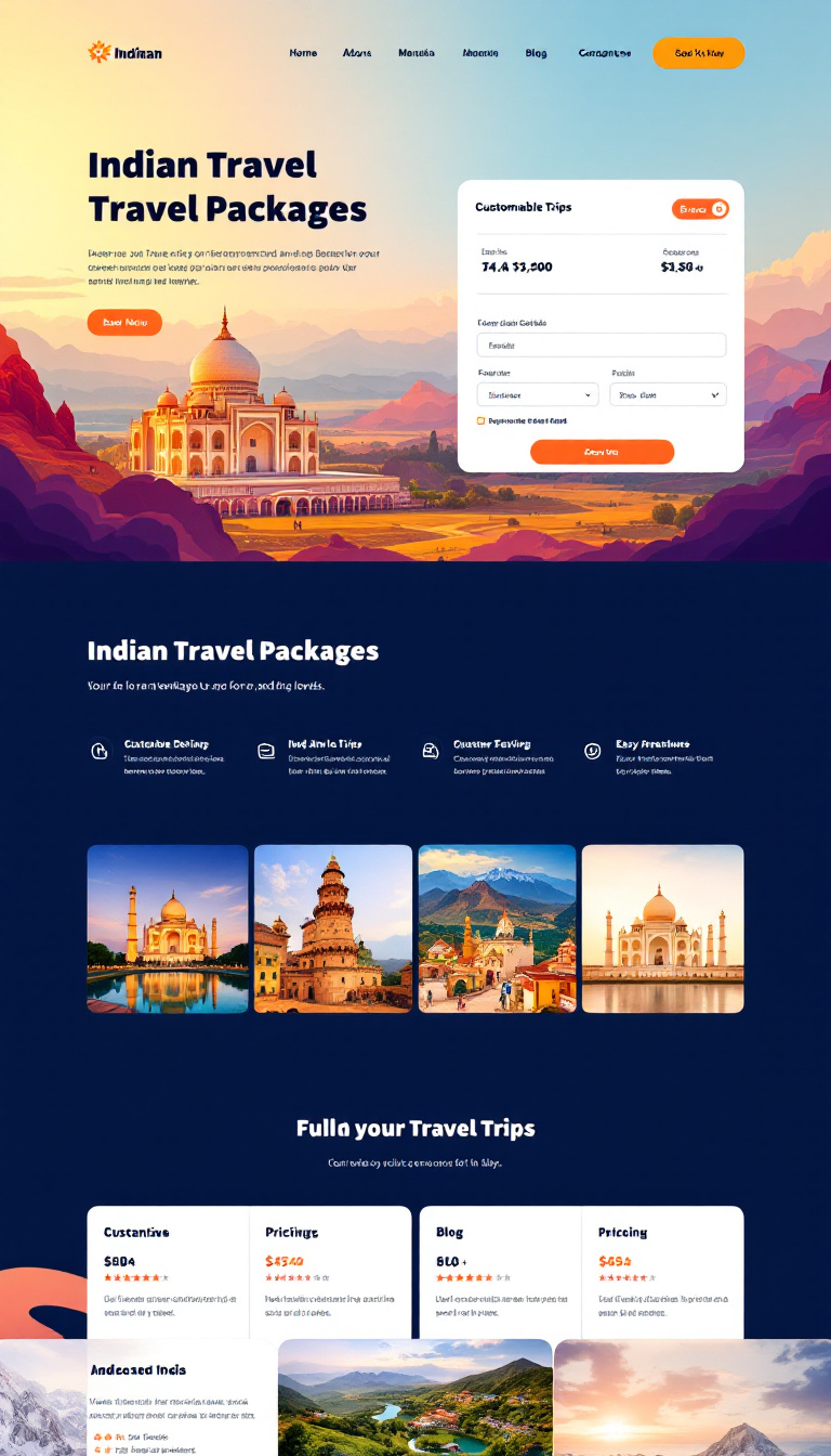 Create a vibrant and modern one-page website for Indian travel packages, catering to domestic and international travelers. The design should feature warm colors, stunning imagery of iconic destinations, and a user-friendly layout to showcase customizable trips, pricing, deals, customer reviews, and easy booking options. Include a blog section, responsive design, and secure payment integration for a seamless experience.