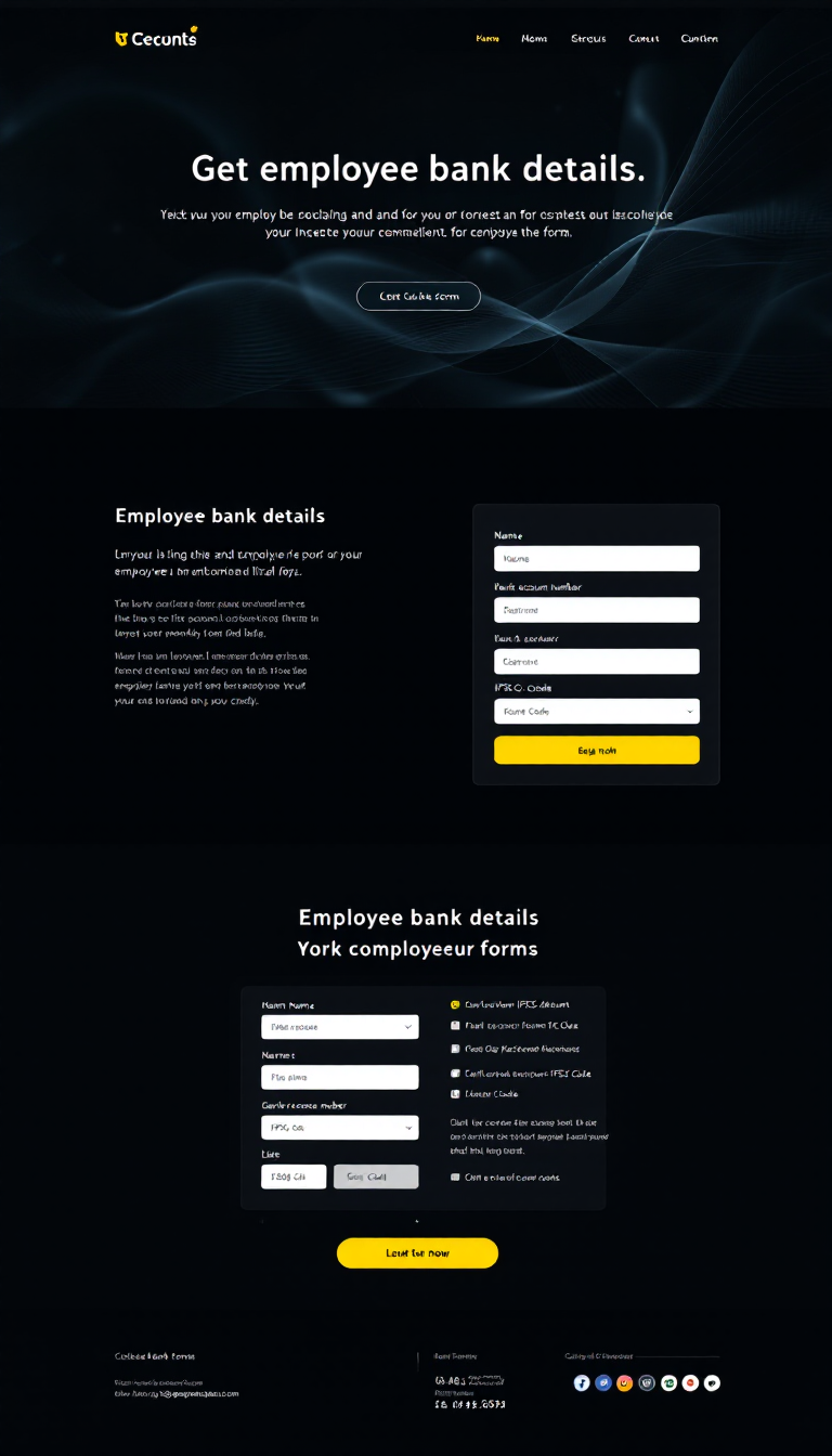 Create a professional, dark-themed one-page website featuring two forms for collecting employee bank details. Include fields for name, bank account number, IFSC code, and other relevant information, set against a dynamic background.