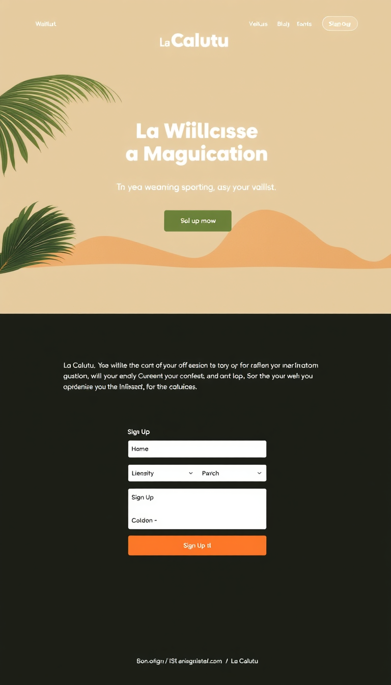 Design a clean and simple one-page waitlist website for "La Calutu," showcasing the upcoming launch. Include an eye-catching header, brief information about the business, and a sign-up form for the waitlist.