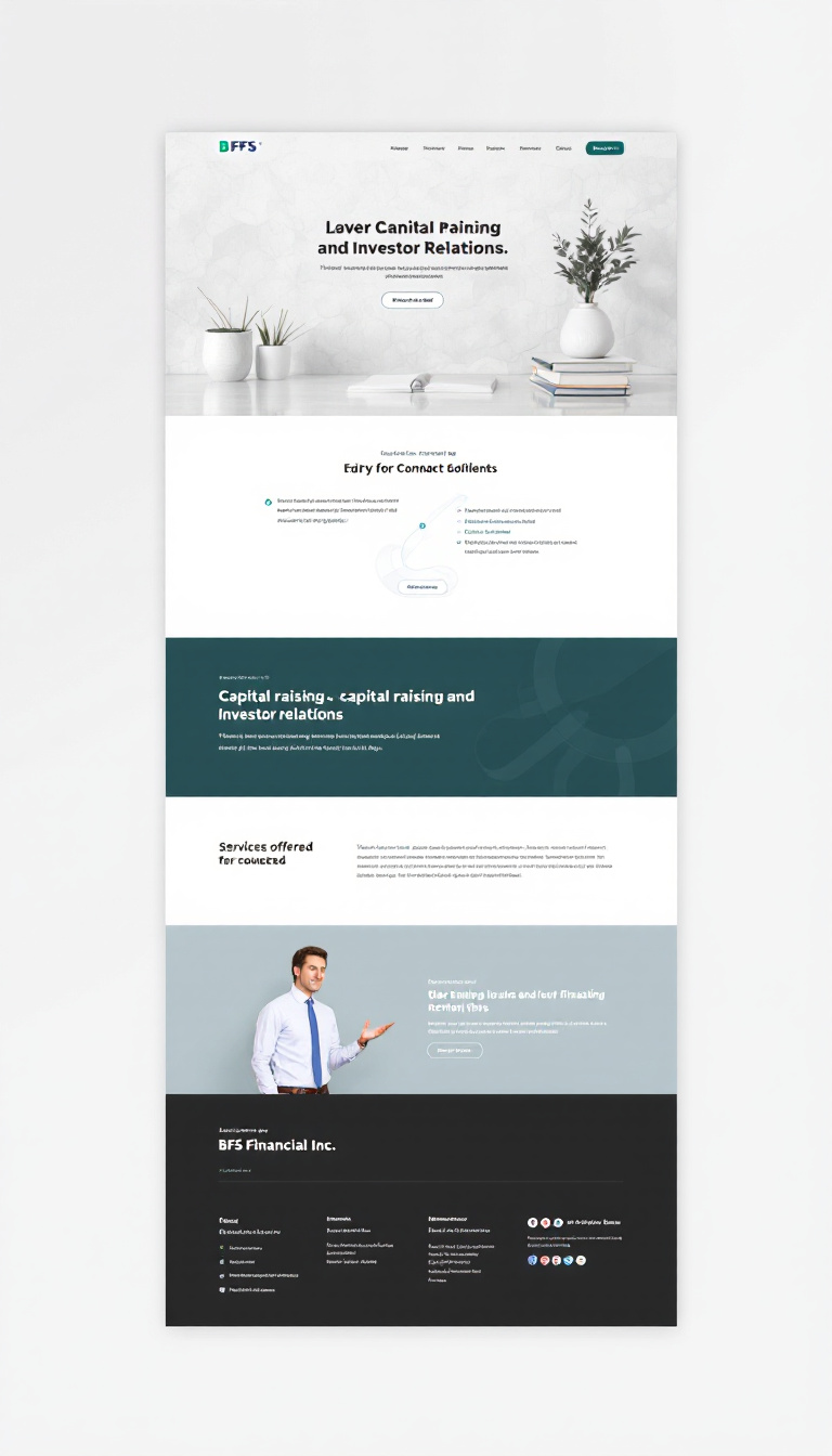 Design a simple and clean one-page website for BFS Financial Inc., focusing on capital raising and investor relations. The layout should include a professional logo, a brief company overview, services offered, contact information, and a clean, modern aesthetic.