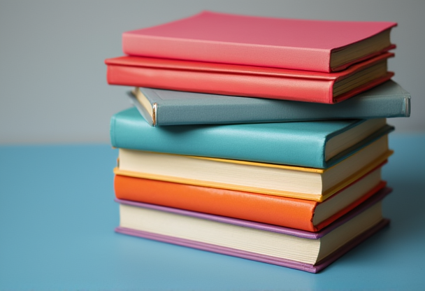 A collection of colorful books arranged in a visually appealing stack