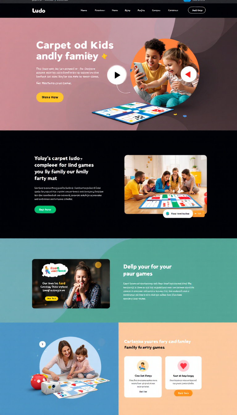 Create a dark mode landing page for a new kids' carpet Ludo board game mat. The design should be visually appealing and highlight its portability and suitability for family and party games.