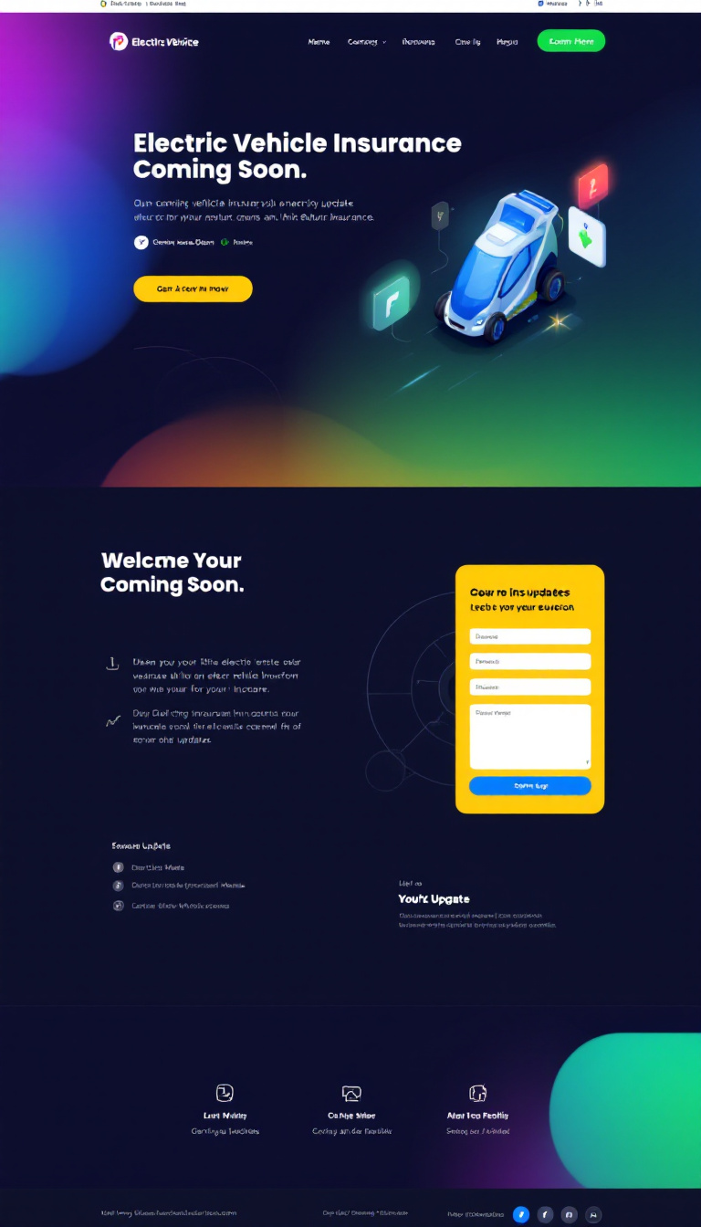 Create a simple and clean one-page "Coming Soon" website for an electric vehicle insurance service, featuring a modern design, vibrant colors, and an appealing call-to-action for future updates. Include elements like an email sign-up form and social media links.