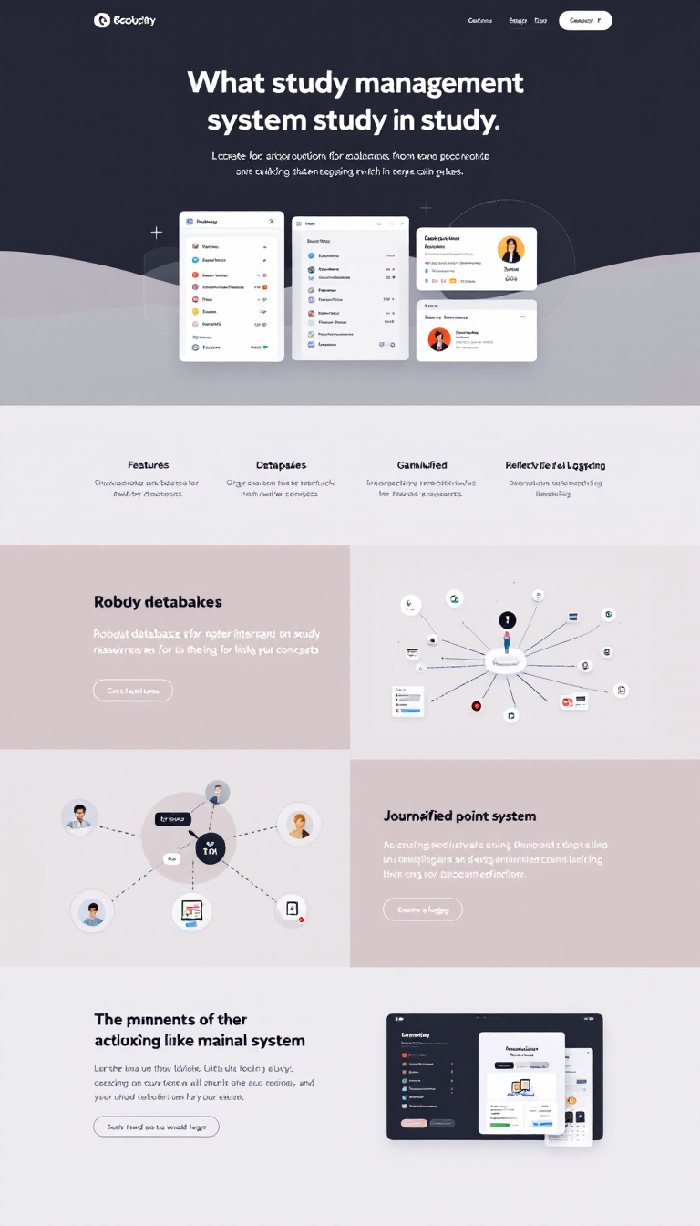 Create a simple, clean one-page website showcasing a study management system with a minimalist UI. Features include a robust database for organizing study resources, an interactive network visualization for linking concepts, a gamified point system for tracking progress, and a journaling system for reflective logging.