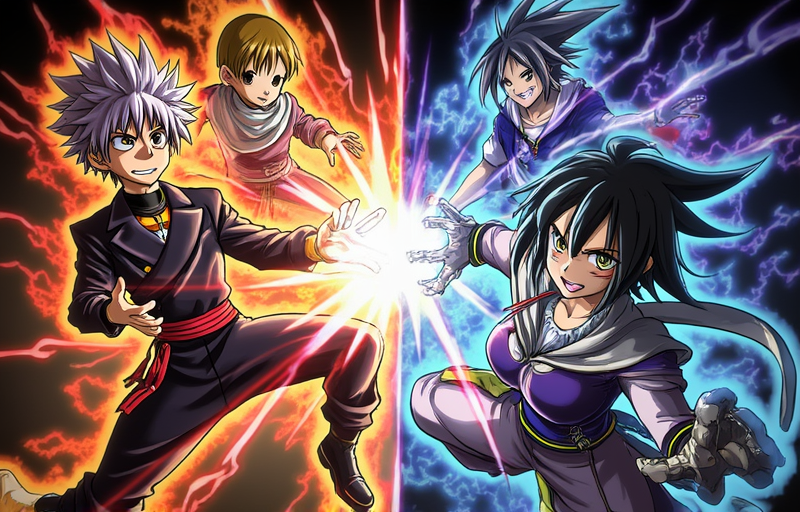 Anime characters from popular shows in dynamic poses with bright energy effects and vibrant colors against a dark background