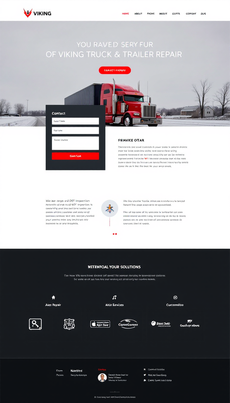 Design a mobile-friendly one-page website for Viking Truck & Trailer Repair in Dayton, Ohio, featuring a modern red color scheme. Include a simple text logo, a contact form, an overview of services like axle repair and DOT inspections, and customer testimonials, all with a professional and user-friendly layout tailored for local truck owners and businesses.