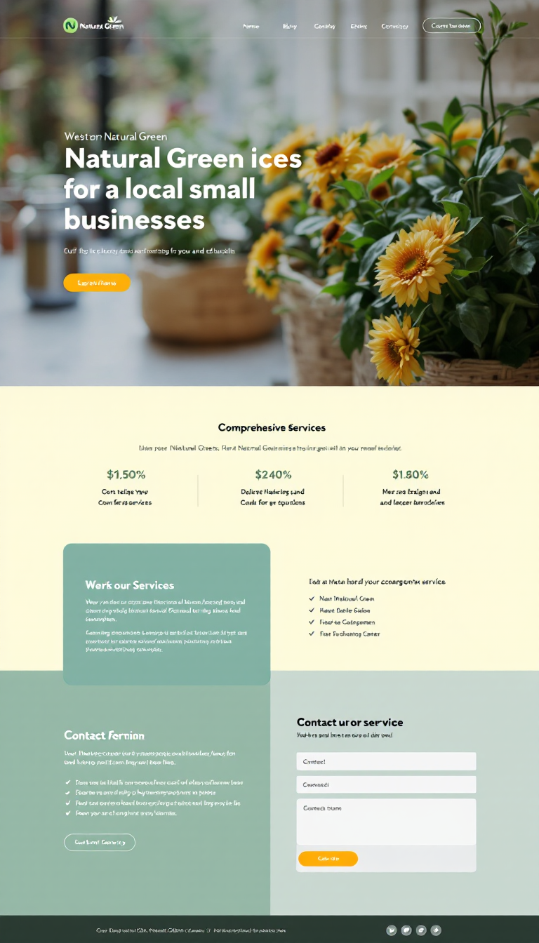 Design a modern one-page website for Natural Green that highlights services for local small businesses. Include a comprehensive service listing and a contact form in a clean, professional layout.