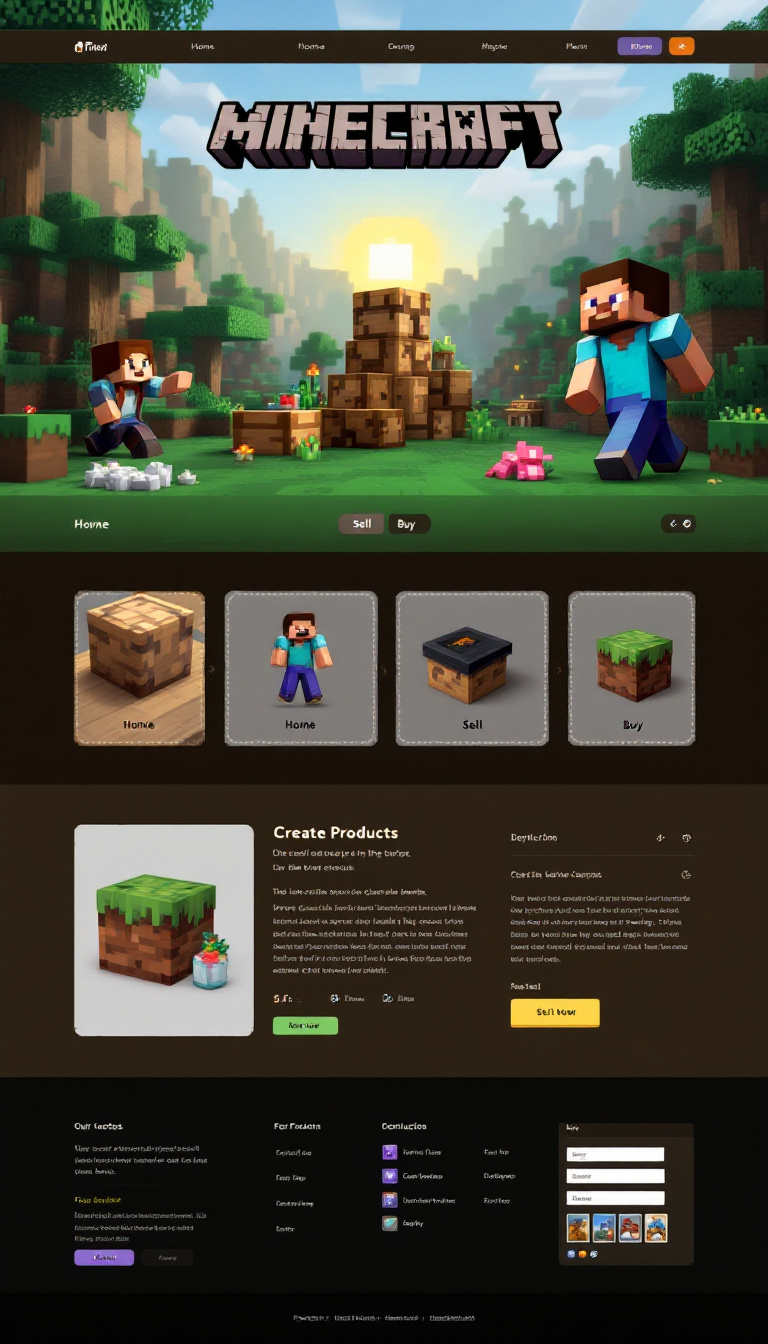 Create a one-page website with a Minecraft theme for buying and selling products. Include clear icons for home, sell, and buy, along with detailed information about each product.