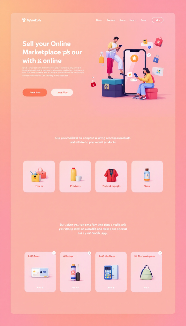 Design a clean, one-page website for an online marketplace that promotes versatility in selling various products. Include links to a mobile app for seamless user experience.