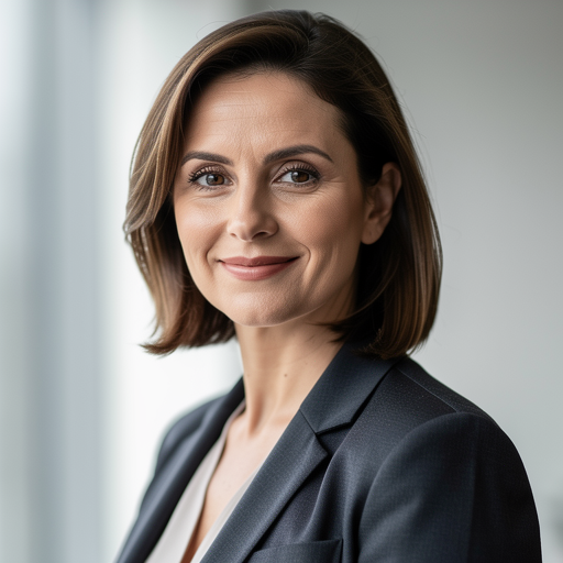Professional corporate headshot photograph of a woman CPA in her forties, business attire, warm confident expression, neutral light background, natural light, realistic. No text or watermarks.