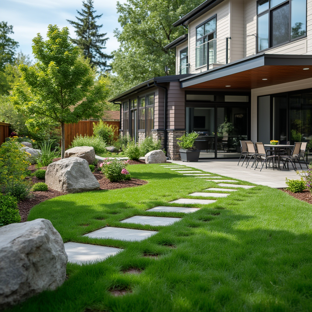 Professional landscaped garden with stone pathways, lush green grass, and decorative rocks surrounding a modern home patio area