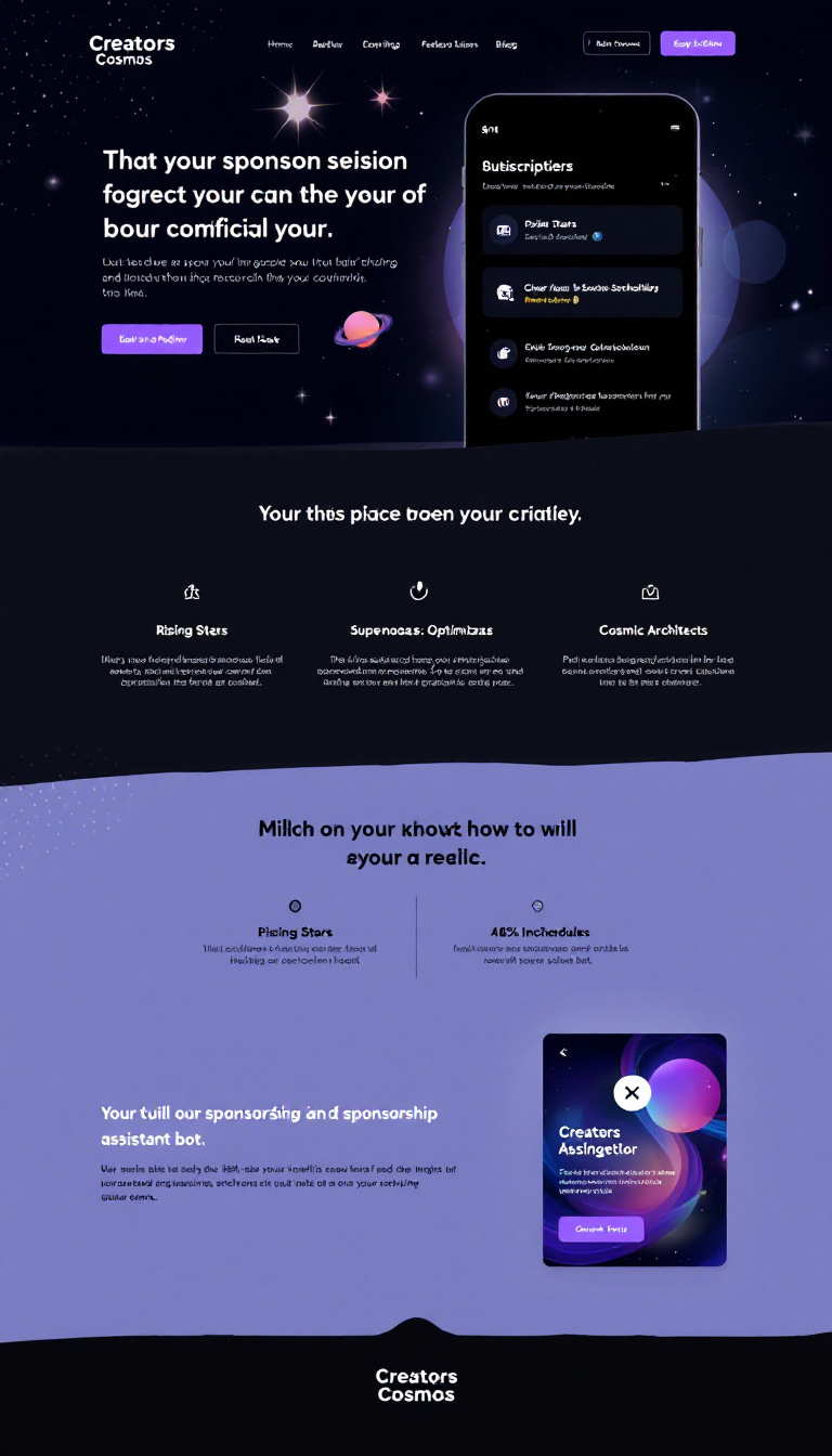 Design a sleek one-page website for Creators Cosmos featuring a dark cosmic theme. Include interactive elements for subscription tiers: Rising Stars, Supernovas, and Cosmic Architects, along with sections for post scheduling, hashtag optimization, and a sponsorship assistant bot, all while utilizing minimalist navigation and eye-catching call-to-action buttons.