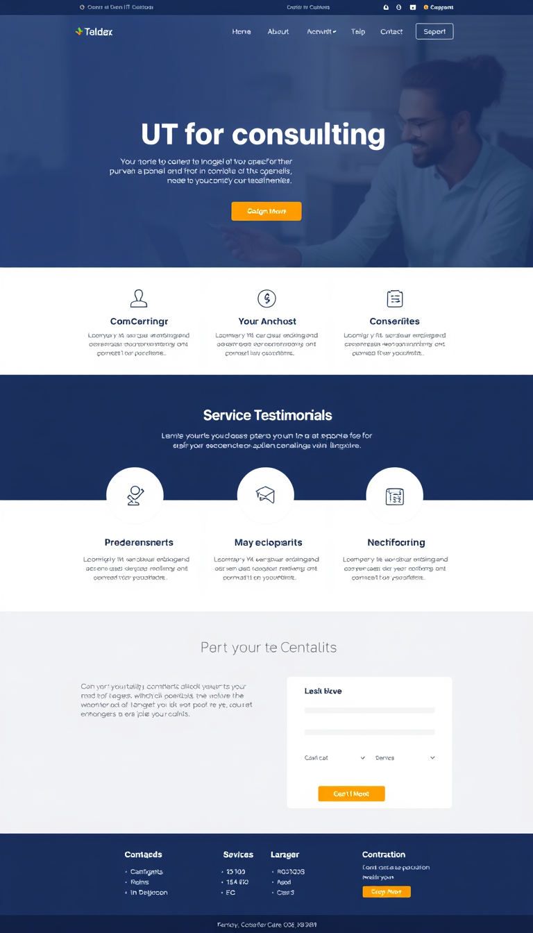 Design a simple and clean one-page website for an IT consulting business, featuring sections for services, client testimonials, and contact information. The layout should be professional and user-friendly.