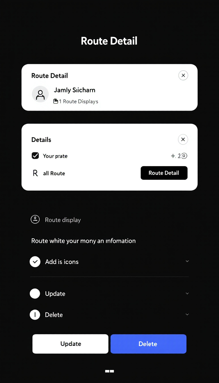 Redesign the Route Detail component with a modern layout, incorporating ample whitespace for a clean aesthetic. Use a monochrome color scheme, modern geometric fonts, and add icons for each detail section while retaining the existing functionality of route display, update, and delete buttons.