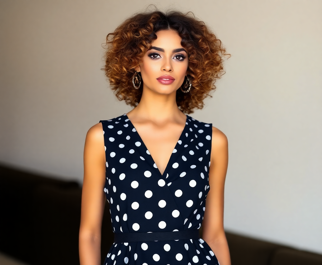 fashion model wearing a black polka dot dress with natural curly hair, representing the elegant style of velvet vogue