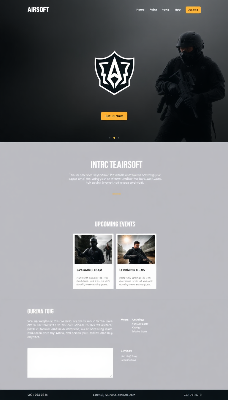 Design a clean and simple one-page website for an airsoft team, featuring a team logo, a brief introduction, upcoming events, and contact information. Incorporate a dynamic layout with engaging visuals and easy navigation.
