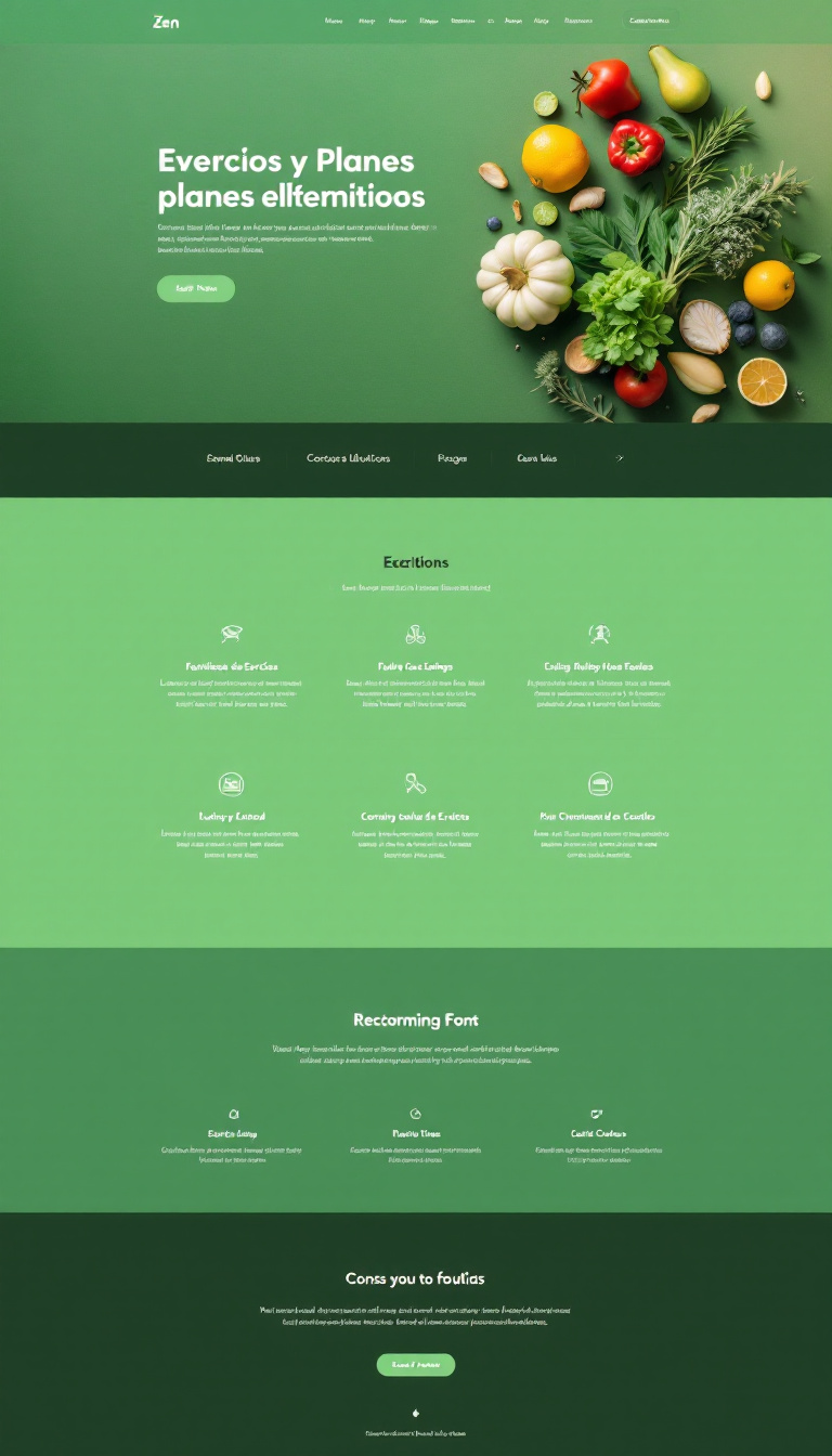 Diseña una página web sencilla y limpia dedicada a ejercicios y planes alimenticios para principiantes. El estilo zen debe utilizar colores madera y verde, con secciones para rutinas de ejercicios y consejos de alimentación.