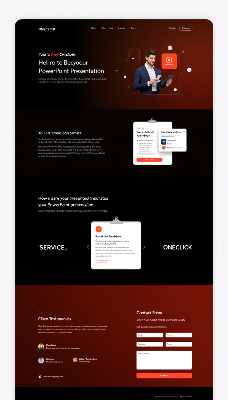 Design a simple and clean one-page website for a business named "ONECLICK" that offers PowerPoint presentation services. The layout should be modern, featuring sections for service details, client testimonials, and a contact form.