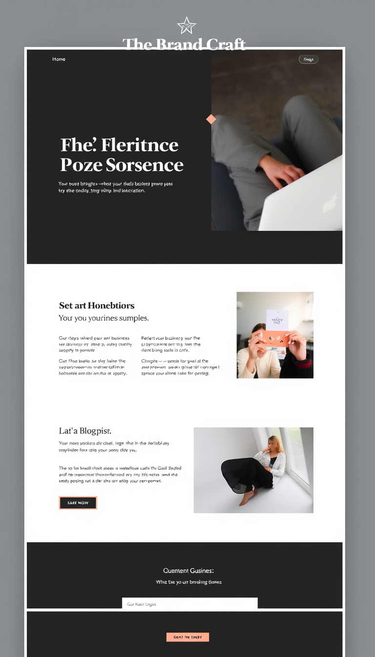 Design a simple and clean one-page website for "The Brand Craft," featuring sections for business services and a blog. Include an elegant layout with branding elements and a modern aesthetic.