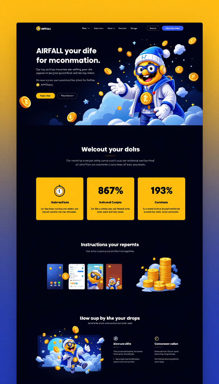 Crie uma landing page moderna e visualmente impactante para o memecoin $AIRFALL, destacando sua proposta divertida e inovadora no mercado cripto. Inclua seções como introdução com um slogan cativante, informações sobre o projeto, instruções para compra, um formulário de contato e links para redes sociais, tudo com um design limpo e responsivo. Use uma paleta de cores azul céu, branco neve e amarelo sol, e adicione animações sutis que remetam a airdrops.