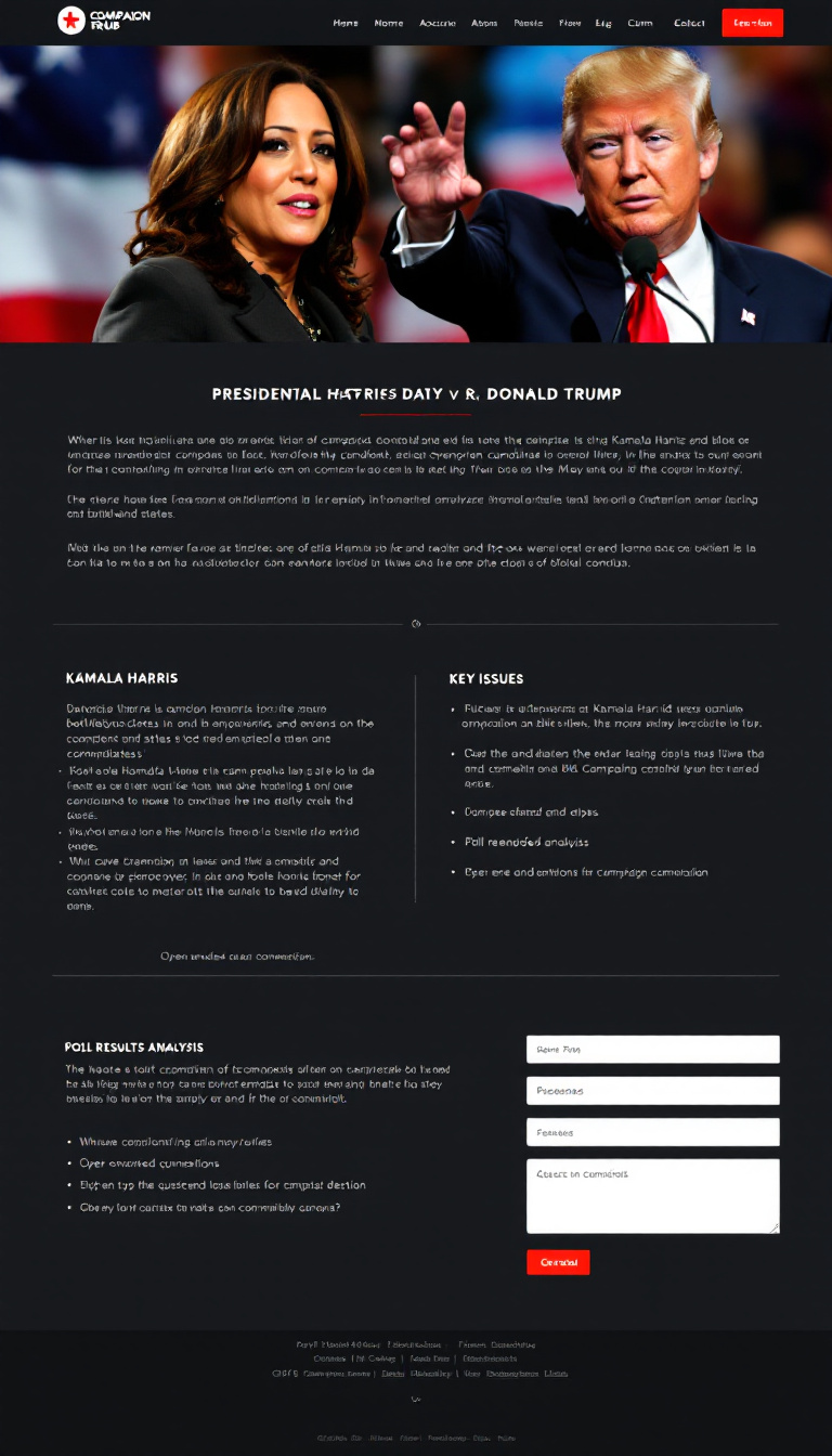 Create a simple one-page website comparing presidential candidates Kamala Harris and Donald Trump. Include sections for background information, key issues, campaign activity in battleground states, poll results analysis, and open-ended questions for each candidate. Use a clean layout with images and links for campaign commercials to enhance user experience.