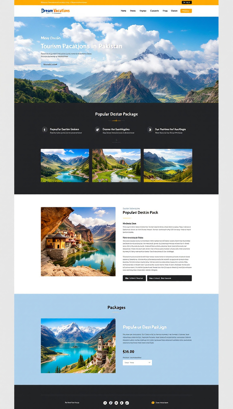 Design a one-page website titled "Dream Vacations" featuring tourism packages in Pakistan. Include sections for popular destinations, package details, and an inviting layout that highlights the beauty of the locations.