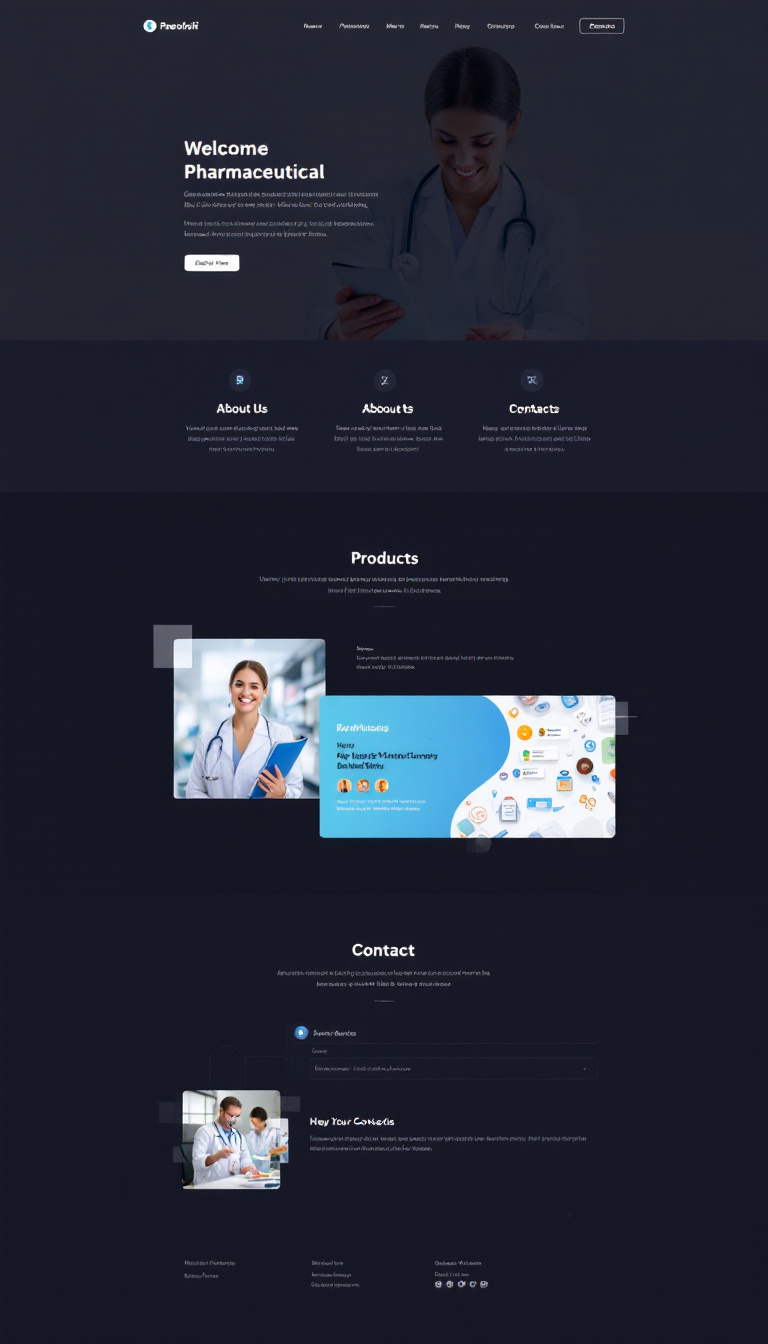 Design a clean and simple one-page website for a pharmaceutical company, featuring sections for About Us, Products, and Contact Us. Focus on a professional layout with easy navigation.
