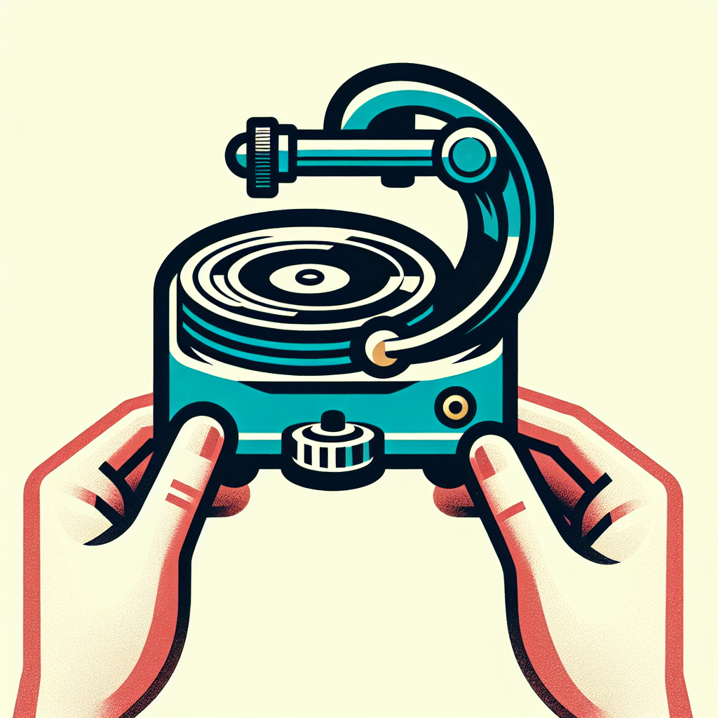 A logo of a vintage audio pickup for vinyls, outline, flat, vector, colorful, white background