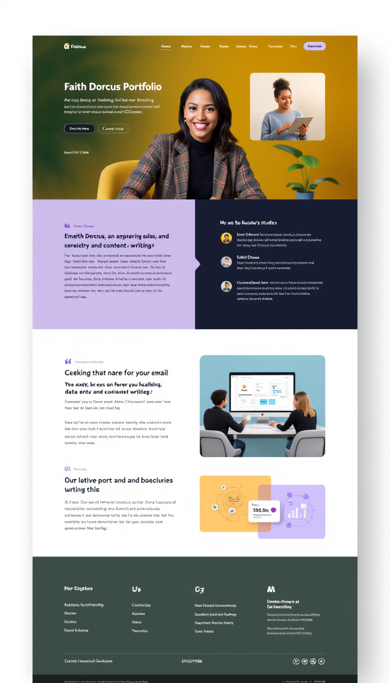 Design a colorful one-page portfolio website for Faith Dorcus, an aspiring freelancer specializing in email handling, data entry, and content writing. The site should feature her name, contact information (0716207884), and a brief overview of her Bachelor's studies, all presented in a professional yet engaging layout to attract potential clients.