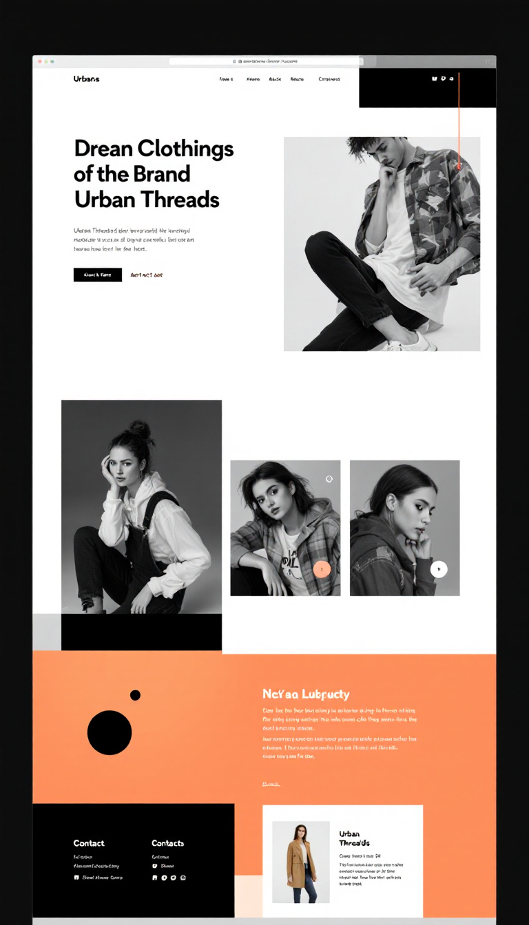 Design a one-page website for Urban Threads, a modern online clothing brand for ages 18-35. The site should feature a minimalistic layout with a product gallery, shopping cart, and contact form, emphasizing clean design, simple navigation, and high-quality product visuals.