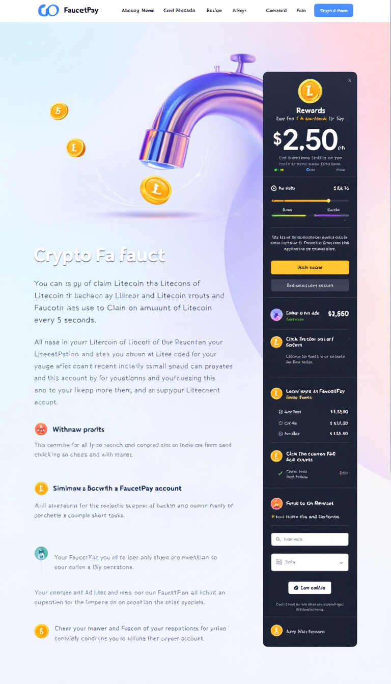Design a modern one-page crypto faucet website where users can claim small amounts of Litecoin every 5 seconds. Include a rewards system for clicking on ads and completing short tasks, with the ability to withdraw profits to a FaucetPay account. Simulate backend functionality to support all operations and an ad network for user rewards.