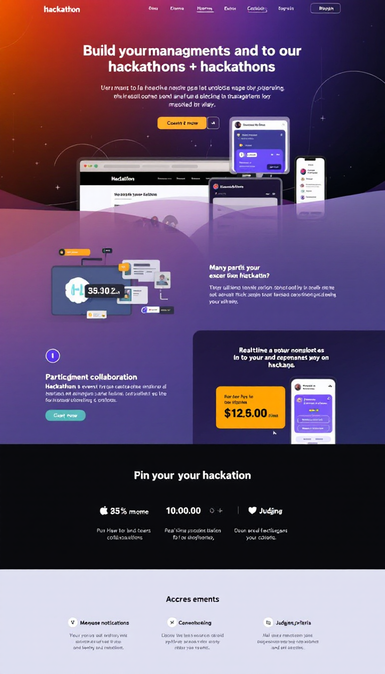 Create a one-page website for a Hackathon Management Application that streamlines hackathon events. The site should feature sections for event creation, participant collaboration, real-time notifications, and judging criteria, all presented in a user-friendly interface with a countdown timer for upcoming hackathons.