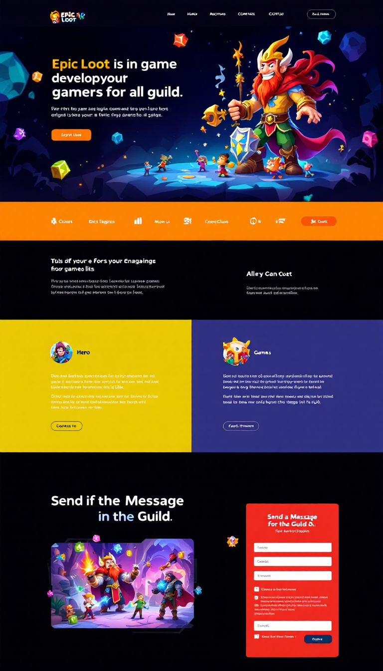 Design a one-page website for Epic Loot, a game development company aimed at gamers of all ages. Include sections for an engaging hero tagline, a playful about us story, a visually appealing games showcase, a community connection area with a call-to-action, and a creative contact form styled as 'Send a Message to the Guild', all in bold colors with game-themed typography and dynamic animations.