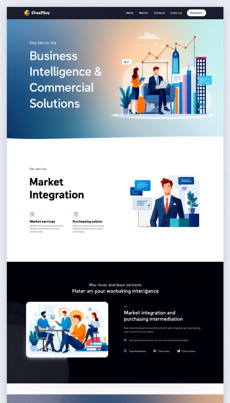 Design a simple, clean one-page website for a business intelligence and commercial solutions company, focusing on market integration and purchasing intermediation. Highlight key services with an elegant layout and modern aesthetics.