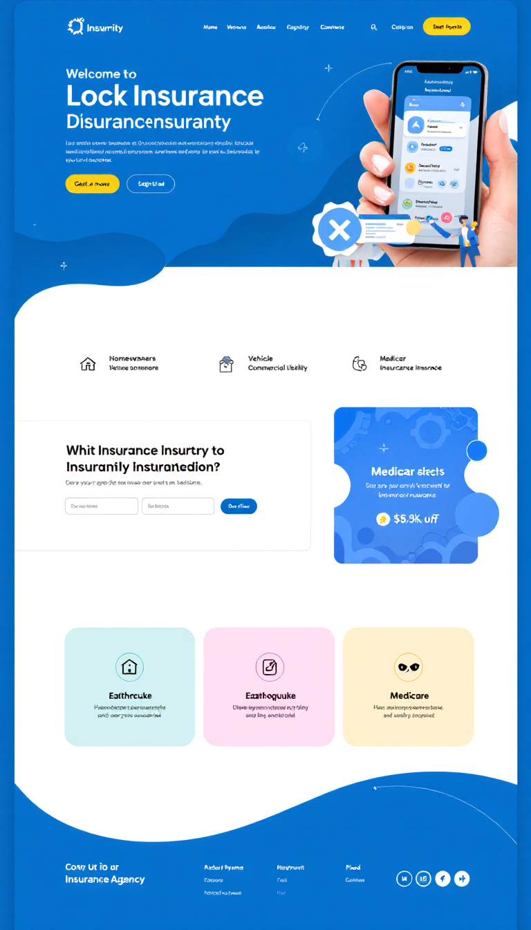 Design a one-page website for an insurance agency, featuring services like homeowners, vehicle, commercial, umbrella, liability, earthquake, flood, and Medicare insurance. The layout should be simple, clean, and visually appealing to effectively showcase the agency's offerings.