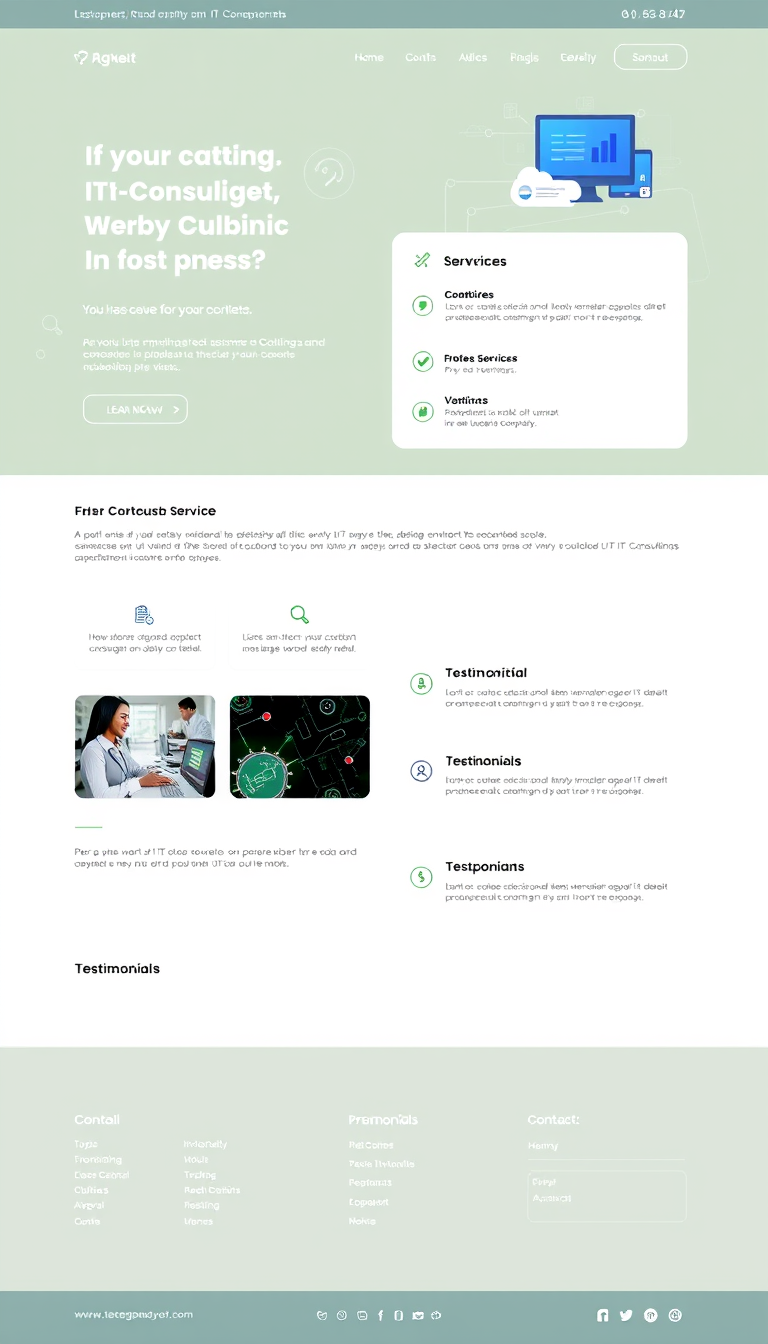 Design a simple one-page website for an IT consulting business, featuring a clean layout, professional color scheme, and sections for services, testimonials, and contact information. Include a modern logo and tech-themed imagery.